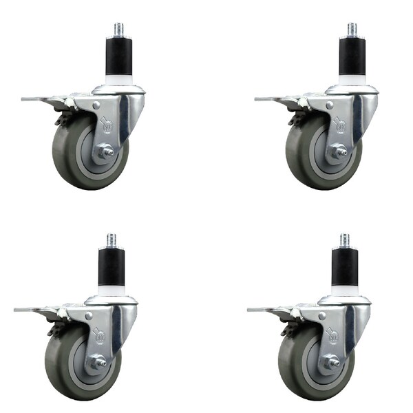3.5'' Gray Poly Swivel 1-1/2'' Expanding Stem Caster Set Total Lock Brake, 4PK